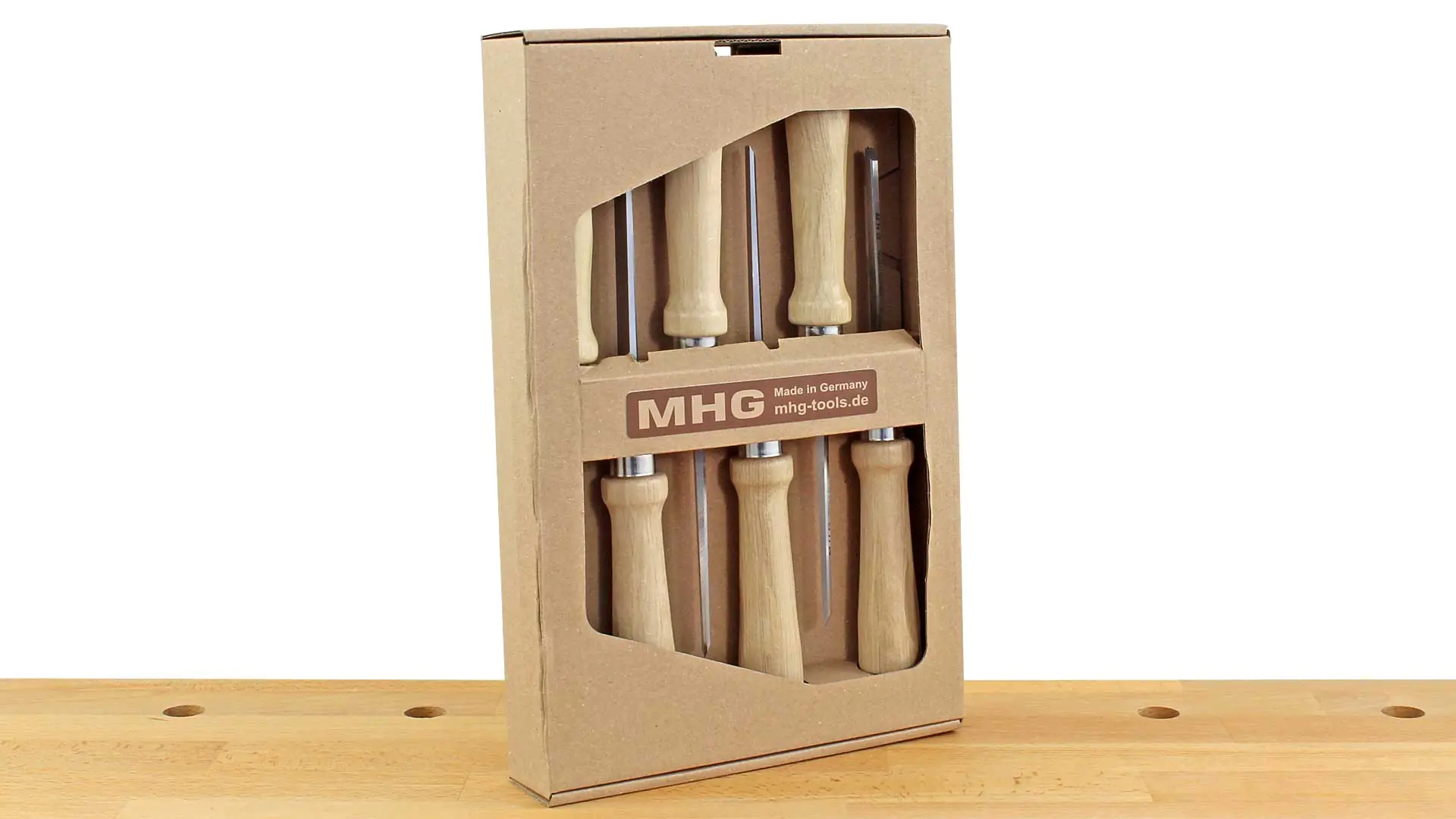 Set of 6 MHG Chisels Blade grinded only with wooden Handle 6-10-12-16-20-26 mm in paper box Set of 6 MHG Chisels Blade grinded only with wooden Handle 6-10-12-16-20-26 mm in paper box